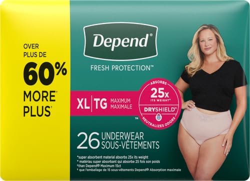 Depend Fresh Protection Adult Incontinence Underwear for Women (Formerly Depend Fit-Flex), Disposable, Maximum, Extra-Large, Blush, 26 Count, Packaging May Vary (Pack of 2)
