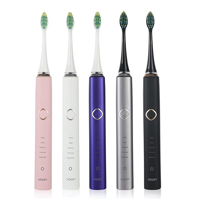 Voom Sonic Pro 7 Rechargeable Electronic Toothbrush + Pro 7 Series Replacement Brush Heads - 2-Minute Timer with Quadrant Pacing & 5 Adjustable Speeds,Soft Dupont Nylon Bristles Oral Care - Sliver