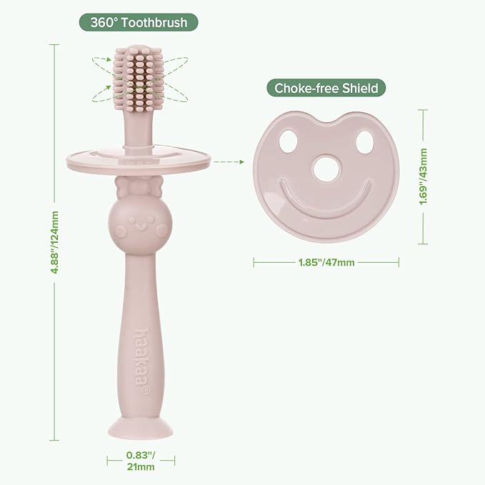 haakaa 360° Baby Toothbrush with Suction Base - Gentle Cleaning for Toddler's Self-Brushing Training, Food-Grade Silicone, Adjustable Safety Shield - Dusty Pink (1 Piece)