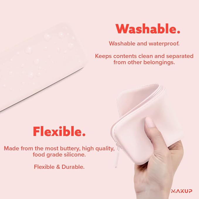 MAKUP Silicone Makeup Bag, Makeup Brush Holder with Zipper for Organizing Cosmetics, Makeup Brushes, Tools and Pencils, Washable Makeup Brush Holder Pouch for Travel (Pink Sand)