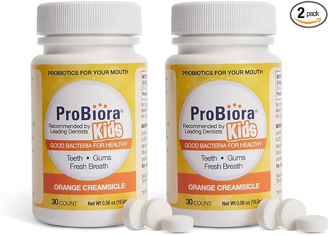 ProBiora Kids Oral-Care Chewable Probiotic Tablets | Probiotic Supplement Designed Specifically for Kids | Healthier Teeth & Gums | Fresher Breath | Whiter Teeth (30 Count (Pack of 2), Orange)