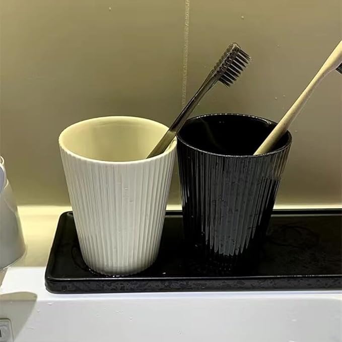 Ceramic Vertical Stripe Toothbrush Cup, Couple Toothbrush Cups, Bathroom Tumbler, Striped Ceramic Coffee Mug, Drinking Cup (White)