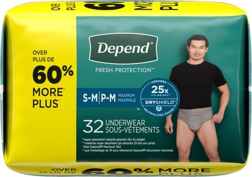 Depend Fresh Protection Adult Incontinence Underwear for Men (Formerly Depend Fit-Flex), Disposable, Maximum, Small/Medium, Grey, 32 Count, Packaging May Vary (Pack of 2)