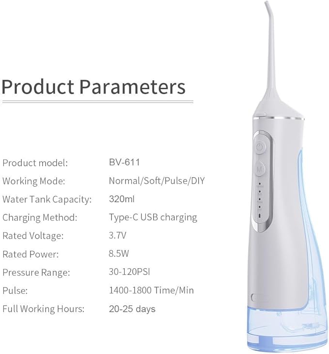 Portable Cordless Water Flosser β 320ml Oral Irrigator for Teeth Cleaning | USB Rechargeable, IPX7 Waterproof, 1400β1800 Pulses/Min | Travel-Friendly Dental Floss Device for Braces & Gums