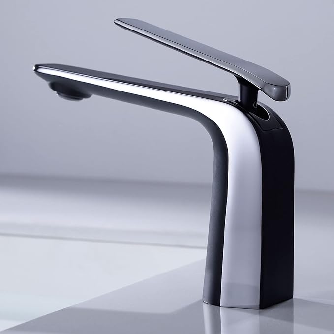 TOCALOCA Matte Black and Polished Chrome Bathroom Basin Faucet, Premium Brass One Hole Lavatory Vanity Sink Faucet Single Handle, Contemporary Bathroom Single Lever Mixer Tap Black and Sliver