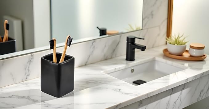 Black Ceramic Square Toothbrush Cup – Durable Black Toothbrush Holder for Bathroom, Hotel & Office Desk Storage – Modern Bathroom Countertop Holder for Toothpaste, Razors & Daily Essentials
