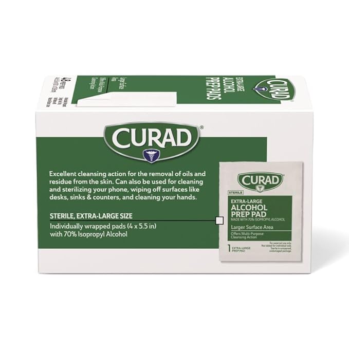 CURAD XL Alcohol Prep Pads, Extra Large 4” x 5.5”, 144 Sterile Isopropyl Alcohol Wipes Individually Wrapped, for First Aid, Cuts, and Scrapes, Large Size for Cleaning and Sanitizing, Pack of 3 Boxes
