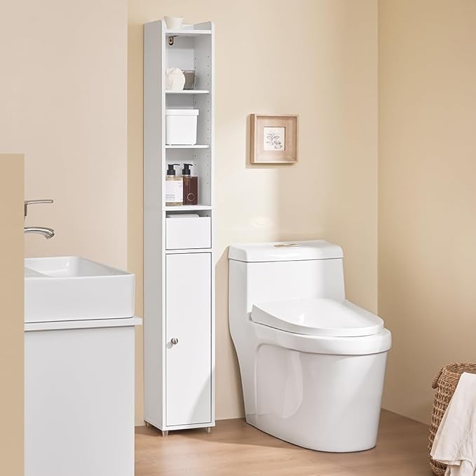 SoBuy Narrow Bathroom Storage Cabinet, Tall Slim Bathroom Organizer Cabinet with Adjustable Shelves, Skinny Freestanding Corner Cupboard for Small Spaces, White, BZR34-K-W