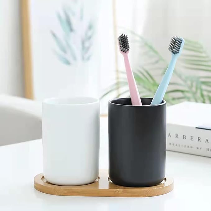 Ceramic Cup Toothbrush Holder, Makeup Brush Holder, Bathroom Organizer, Juice, Milk Cups, 2pcs (White & Black)