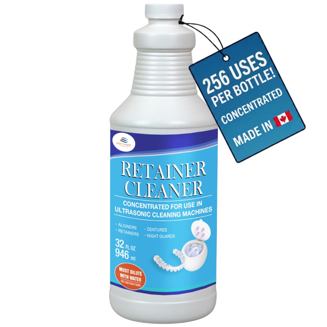 A 32 fl oz bottle of Retainer Cleaner with a blue hang tag that reads '256 USES PER BOTTLE! CONCENTRATED MADE IN CANADA' on a white background.