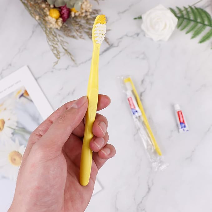 Disposable Toothbrushes with Toothpaste,100 Pack Yellow Hollow Individually Wrapped Disposable Travel Toothbrushes Kit in Bulk for Homeless,Nursing Home,Hotel,Charity