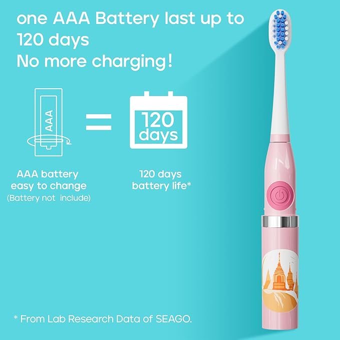 SEAGO SG-505 Travel Electric Toothbrush, Portable Toothbrush, 24,000 VPM, IPX7 Waterproof, 8 Brush Heads (Soft & Tilted Bristles), Battery Powered for Adults, On The Go (Thai Design, Made in Thailand)