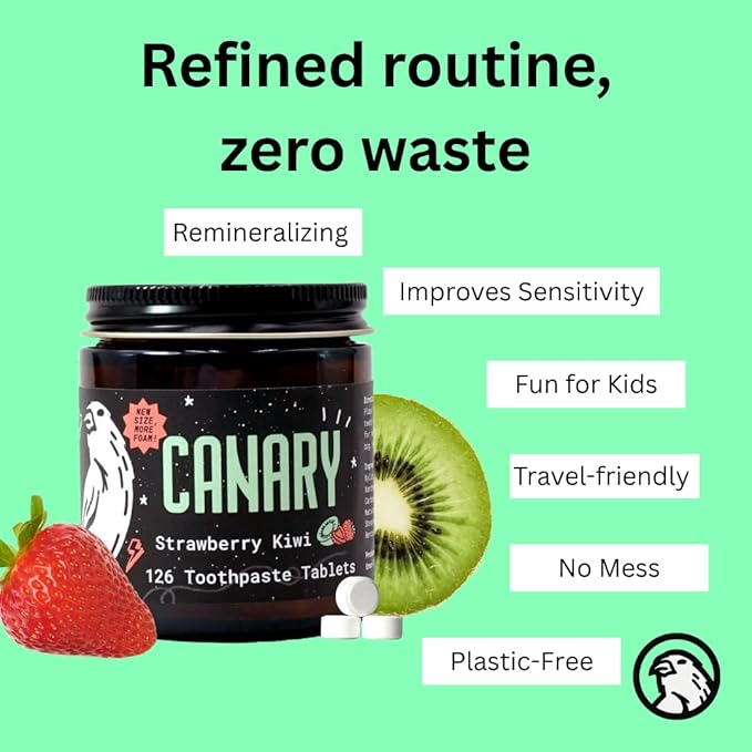 Canary Nano Hydroxyapatite Toothpaste Tablets Strawberry Kiwi - Remineralizing, Fluoride Free, All Natural Tabs with Xylitol - Great for Kids, Plastic Free - 126 Count