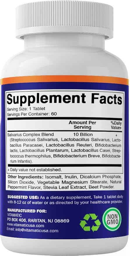 Vitamatic Salivarius Complex 10 Billion Chewable Mint Flavored Tablet - 60 Count - Oral Health Chewable Probiotics + Prebiotics - Supports Healthy Teeth, Gums, & Better Breath (Pack of 2)