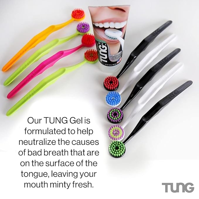 TUNG Tongue Cleaning Kit, TUNG Brush and Natural Mint Blast Gel, Bad Breath Odor Eliminator, Halitosis Defense, USA Made (Set of 1)