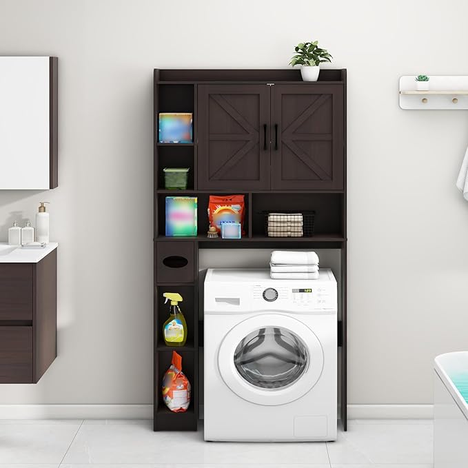 Vabches Over The Toilet Storage Cabinet, Farmhouse Storage Cabinet Over Toilet with 2 Barn Door & Toilet Paper Holder Stand,Home Space-Saving Toilet Rack, for Bathroom, Restroom, Laundry