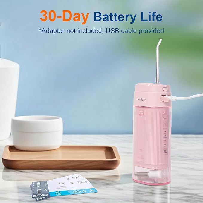 Portable Water Flosser for Teeth with Exquisite Travel Case, Cordless Rechargeable Mini Oral Irrigator with Removable Tank, IPX7 Waterproof, 4 Modes & 4 Jet Tips for Tooth Cleaning (Pink)