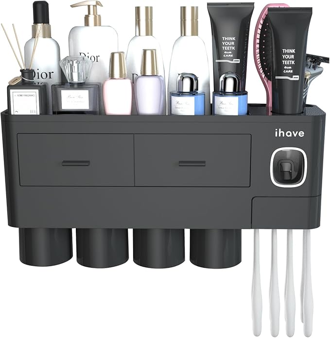 iHave Toothbrush Holders for Bathrooms, 4 Cups Toothbrush Holder Wall Mounted with Toothpaste Dispenser - Large Capacity Tray, 2 Cosmetic Drawer - Bathroom Storage & Bathroom Organizer