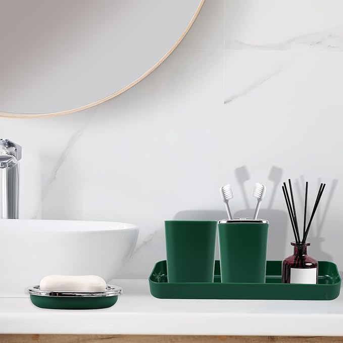 Dark Green Bathroom Accessories Set, Bathroom Sets with Shower Curtain, Green Bathroom Accessories with Trash Can, Soap Dispenser, Soap Dish, Toilet Brush Holder, Qtip Holders for Bathroom