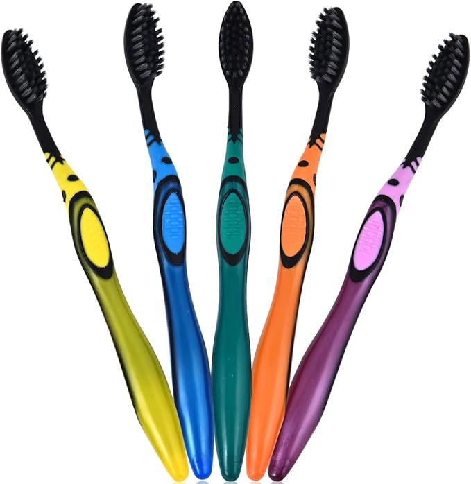 ADA Cavity Defense Activated Charcoal Toothbrush 5 Pack Ultra-Soft Flosspick Bristle for Sensitive Teeth & Gums, Aids in Teeth Whitening, Extra Soft, Easy Grip (5 Count)
