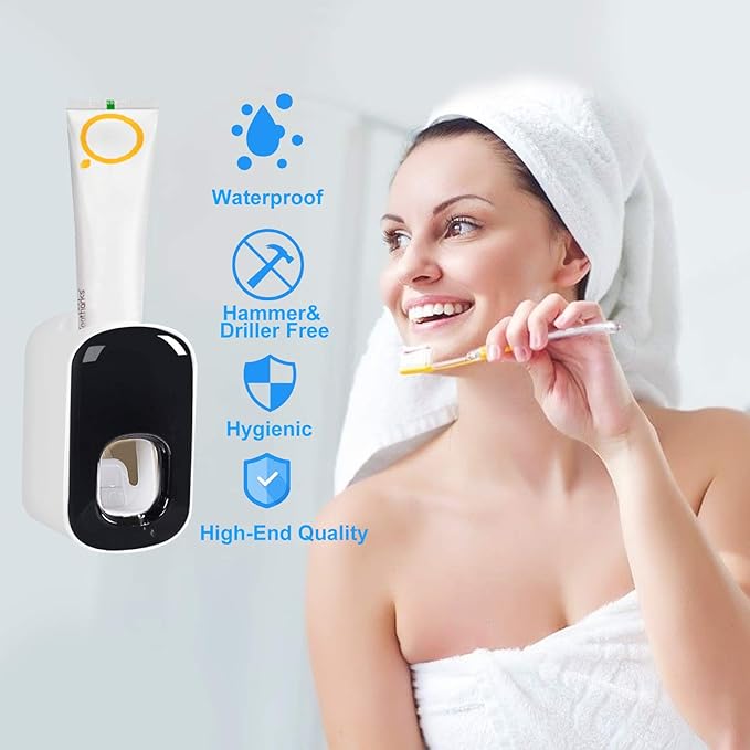 Toothpaste Dispenser,Automatic Toothpaste Squeezer Fit for Kids and Adults,Hands Free Wall Mounted Toothpaste Holder With Self-stick Sticker,Punch-Free Toothpaste Squeezer For Famliy Bathroom(Black)
