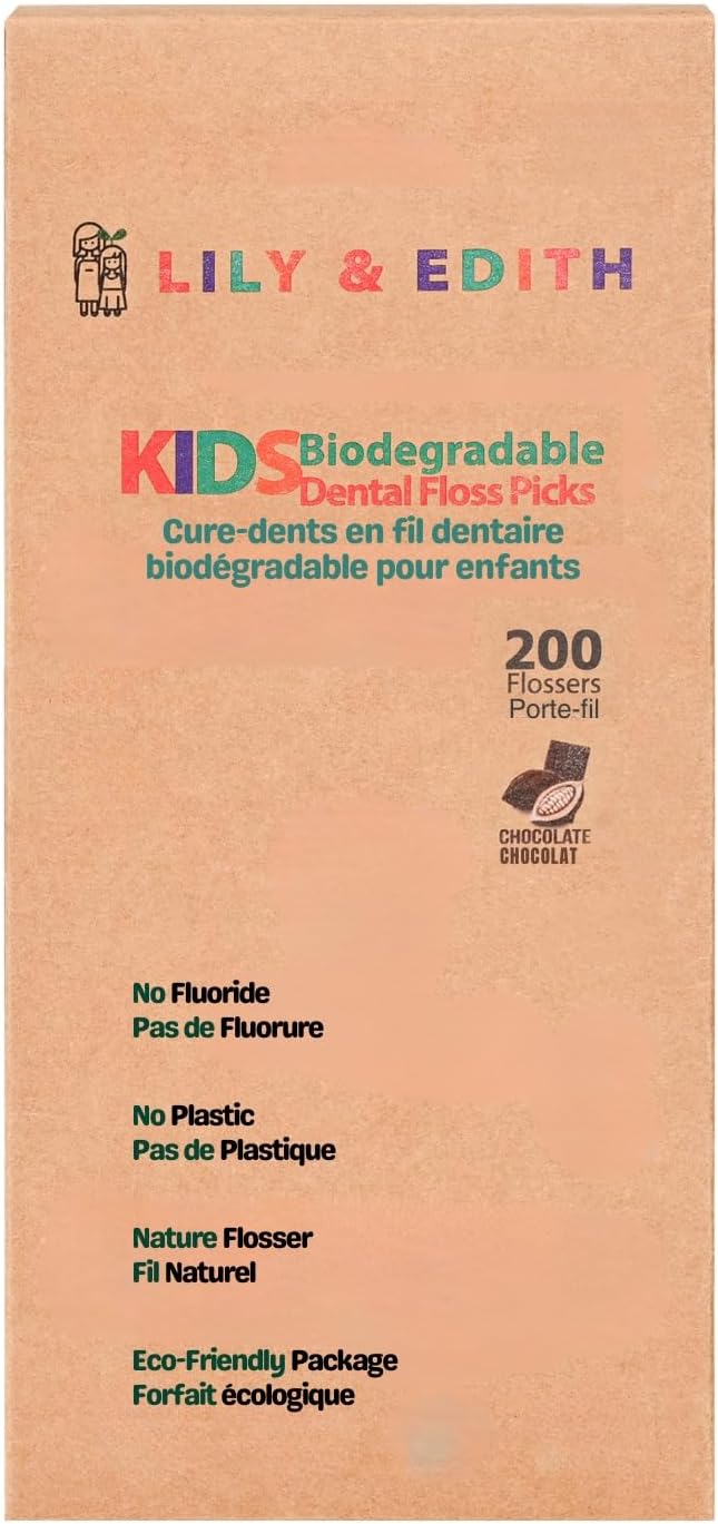 LILY & EDITH Kids Plant Based Dental Floss Picks 200 Counts, Fluoride Free, Corn Starch Material, Chemical Free, Fun Animal Flossing Sticks, Ultra Sturdy Thread, Zero Waste Package (Chocolate)