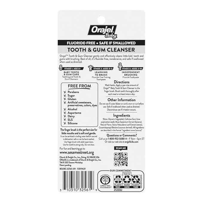 Orajel Baby Elmo Tooth & Gum Cleanser Fluoride-Free, 1 Finger brush, 1 Toothpaste 1oz; #1 Pediatrician Recommended Fluoride-Free Toothpaste*