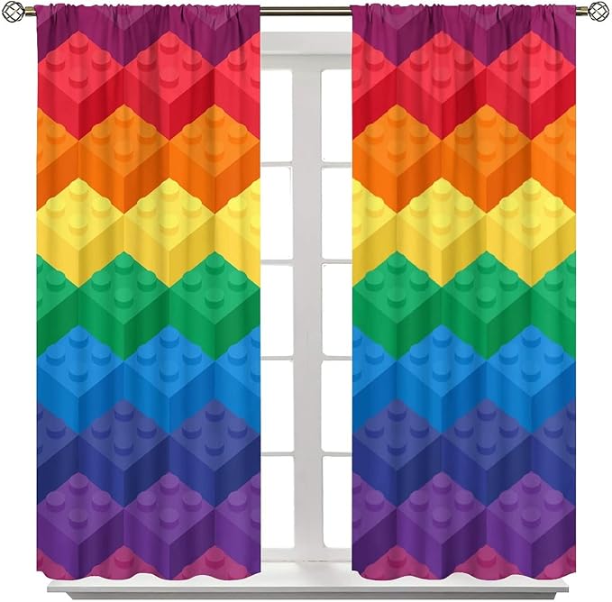 Colorful Building Blocks Cartoon Toy Printed Curtains, Bedroom, Living Room, Architecture, Curtains, Fun Brick 3D Design Curtains, Children's Living Room, Window Treatment Panels 2 Panels 72x63in