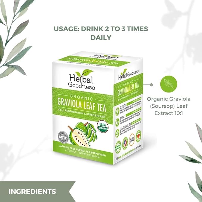 Graviola Leaf Soursop Tea - Organic Soursop Leaves | Hoja de Guanabana Leaves | Cell Support & Regeneration, Calm Relaxation - Caffeine Free - 24 Tea Bags - Herbal Goodness