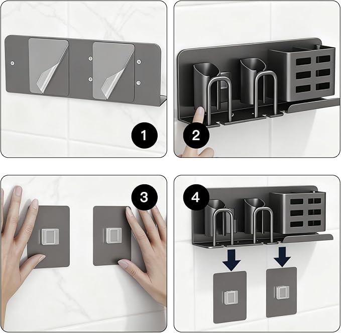 Aluminum Wall Mounted Bathroom Organizer (Black) - Self-Adhesive Toothbrush Holder for Toothpaste, Cups, Combs & Dental Supplies