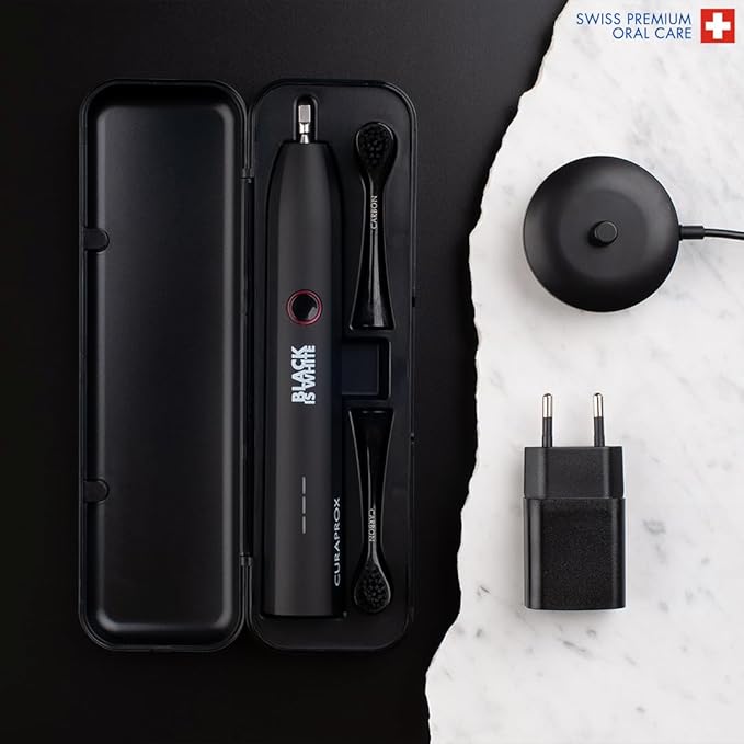 Curaprox Black is White Hydrosonic Toothbrush – Teeth Whitening and Gum Care | Ultra-Gentle Cleaning with Carbon Brush Heads | Set with Charger and Travel Case