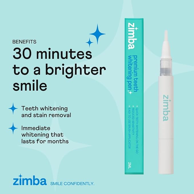 Zimba Travel Teeth Whitening Pen - Effective, Travel-Friendly, and Easy to Use Gel Whitening Pen - Stain Remover and Teeth Whitener for Coffee, Wine, Soda, and Other Stains - 2 mL Per Pen - (2 Pack)