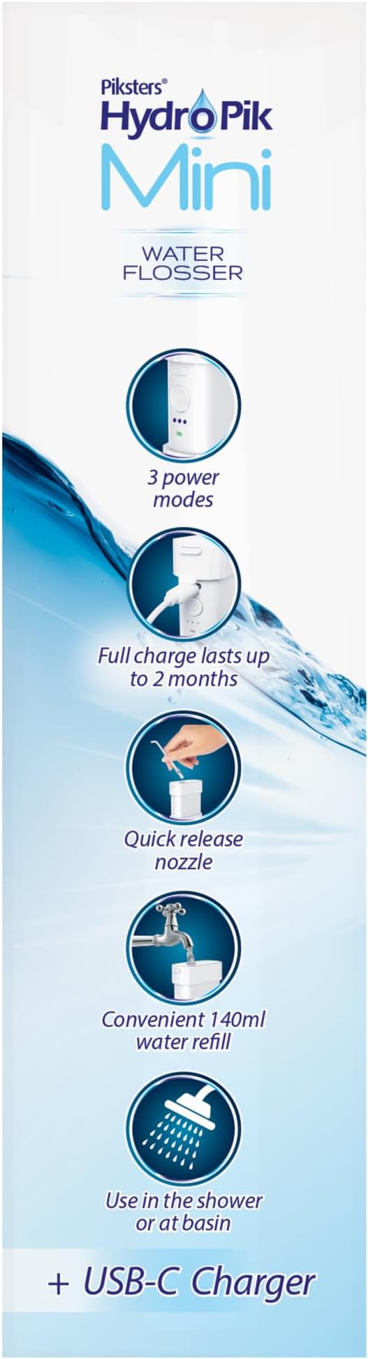 Piksters HydroPik Mini Water Flosser for Travel – Portable Cordless Oral Irrigator with USB-C Charging, 3 Pressure Modes & 5 Tips, Compact & Lightweight for On-The-Go Dental Care, White