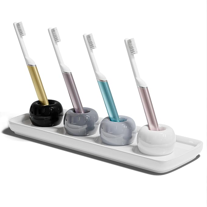 ELIKAI Ceramic Toothbrush Holder Set with Tray, Countertop Organizer for Bathroom, Storage Solution for Toothbrushes, Bathroom Accessories - Shades - 4 Pack