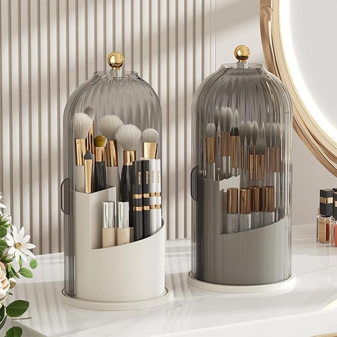 Makeup Brush Holder Organizer with Lid, 360° Rotating Clear Dustproof Cosmetics Storage, Makeup Brushes Cup Pen Holder for Vanity Desktop Bathroom Countertop (Clear Black Cap)