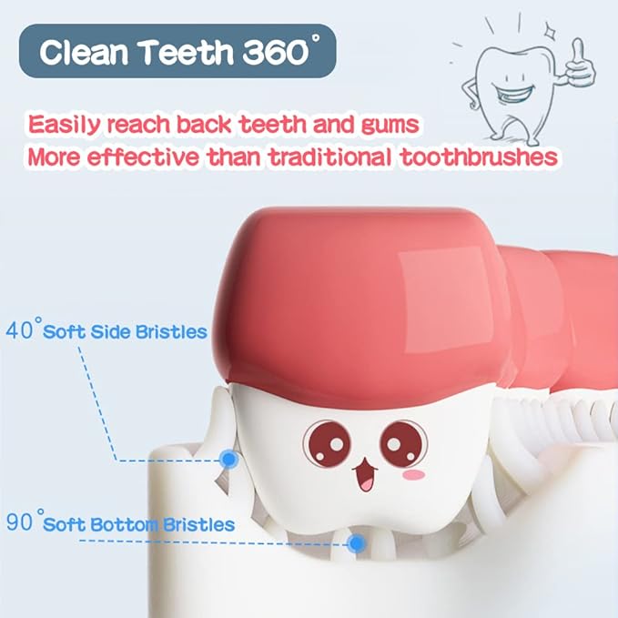 YOTEE U-Shaped Toothbrush Kids 2 PCS - Toddler Toothbrush with Food Grade Soft Silicone Brush Head, Manual Whole Mouth Tooth Brush for Kids Age 2-6(Blue+Pink)