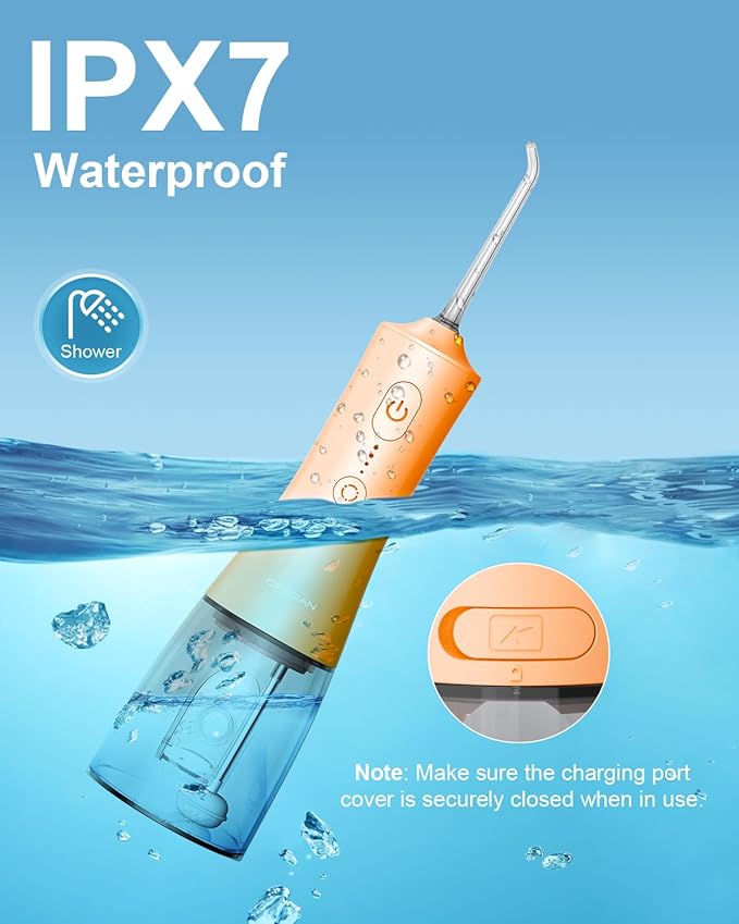 Operan Water Flossers for Teeth Cleaning, Upgraded 300ml Cordless Water Dental Flossers Portable Rechargeable Oral Irrigator with 4 Modes 4 Jet Tips IPX7 Waterproof for Home Travel, Orange