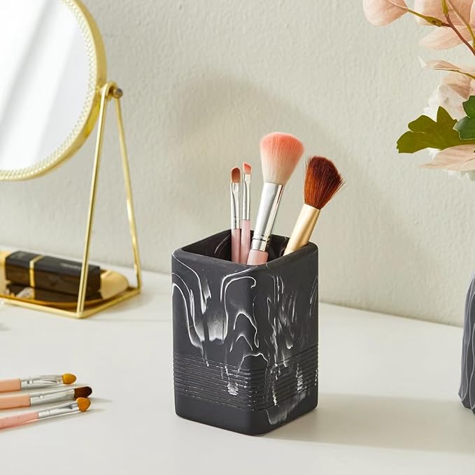 Toothbrush Holder and Soap Dish Set, Resin Toothbrush Cup Bathroom Cup Tumbler Marble Design, Self Draining Bar Soap Holder Shower for Bathroom Holder and Organizer, Black