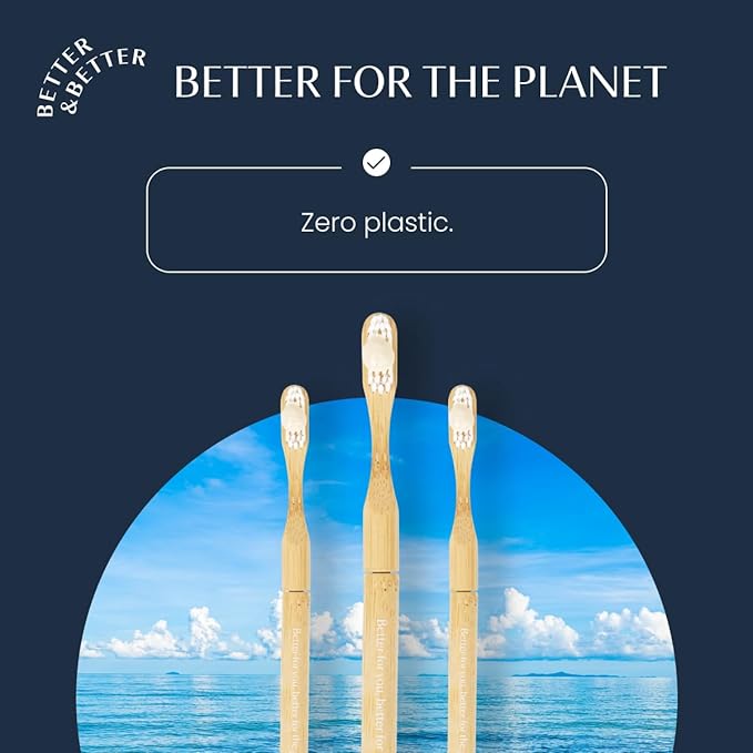Better & Better Natural Bamboo Toothbrush | Soft Bristles | 100% Plant-Based | Reusable Handle and Replaceable Brush Head | Eco-Friendly, Zero Plastic | Adult Size, White