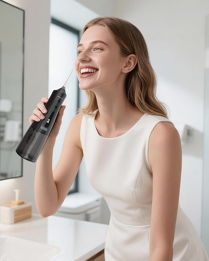 Water Dental Flosser, 300ML Cordless Oral Irrigator Rechargeable Dental Flosser Picks with 9 Levels 5 Jet Tips,IPX7 Waterproof Teeth Cleaner for Braces Gum Care (Black)