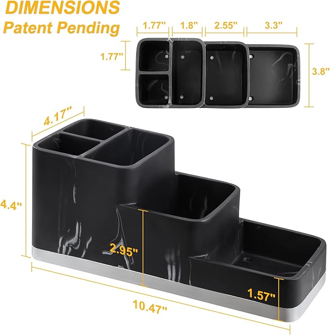 VITVITI Toothbrush Holder for Bathroom, Bathroom Organizer Countertop, 5 Compartment Bathroom Accessories Storage for Toothpaste/Vanity Counter, Black Resin of Marble Color
