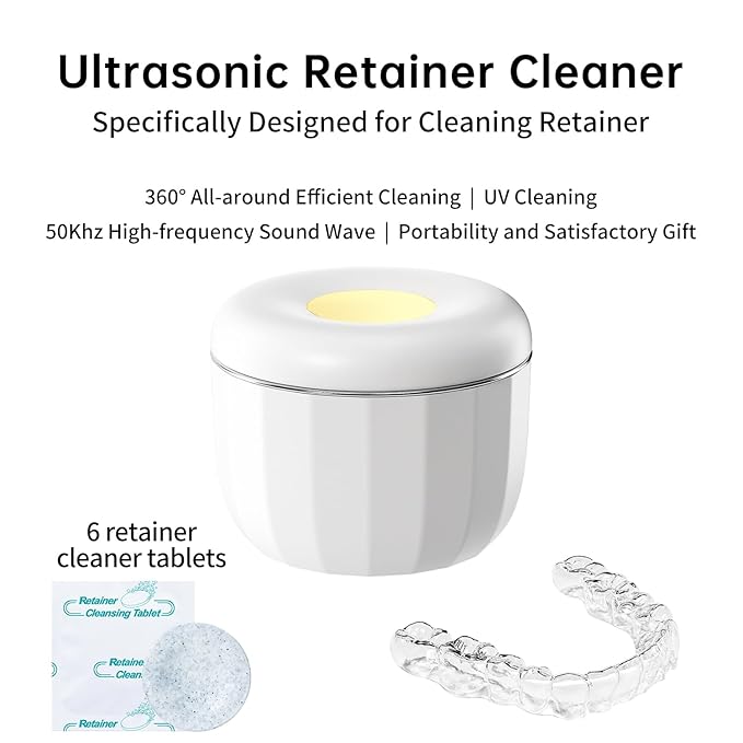 Ultrasonic Retainer Cleaner Machine ,18W/50kHz Specifically Designed for Cleaning Retainers,80ML Portable Ultrasonic Pod Including 6 Free Retainer Cleaner Tablets for Deeper Cleaning(White,YKL )