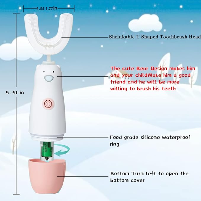 Kids Electric Toothbrush,U Shaped toddler Toothbrush Waterproof Battery Powered 360 Automatic Sonic u shaped Toothbrushes for 2-7 Years Old for Boys Girls,with 2 Replacement Brush Heads(Pink)