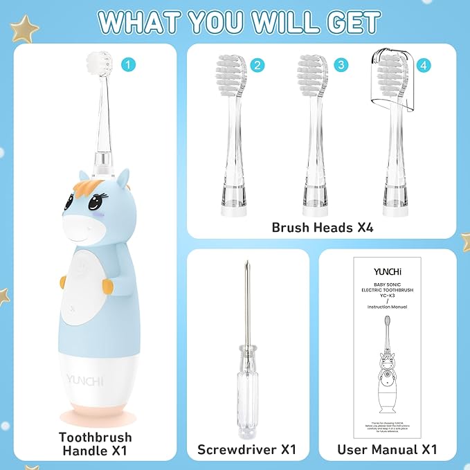 YUNCHI Toddler Electric Toothbrush Kids 0-3-6 Years, Baby Electric Toothbrush with Colorful LED Light, Battery Powered Toddler Toothbrush with 2 Minutes Timer 4 Brush Heads, Infant Toothbrush (Blue)