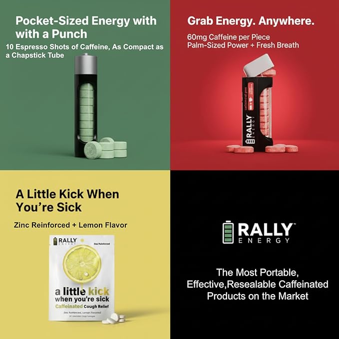 Rally Caffeine Mints, 60 Milligram, Instant Energy, Fresh Breath, Caffeinated, 0 Sugar, Natural Peppermint, Cinnamon, Wintergreen Variety Pack (3 Packs, 30 Mints)