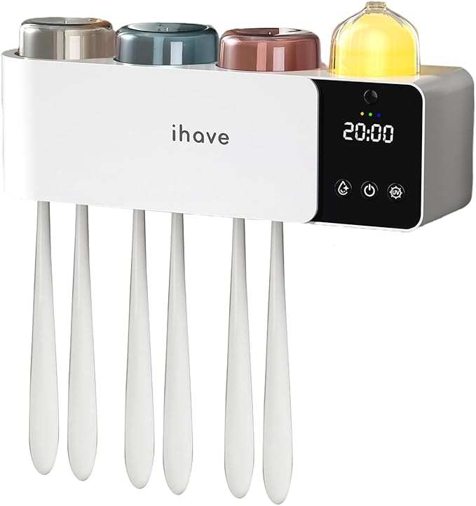 iHave Toothbrush Holders with UV Toothbrush Sanitizer, Aromatherapy Diffuser & IR Night Light - 4-Hour Smart Cruise Disinfection, Auxiliary Combo Drying - Wall-Mounted Bathroom Organizer with 3 Cups