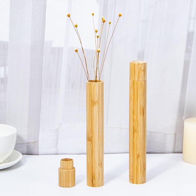 Yeeco 2 Pcs Portable Bamboo Toothbrush Case, Wooden Toothbrush Covers Storage Container Reusable Toothbrush Travel Holder Sustainable for Trip Camping Home Travelling Attach 4 Pcs Sticky Label