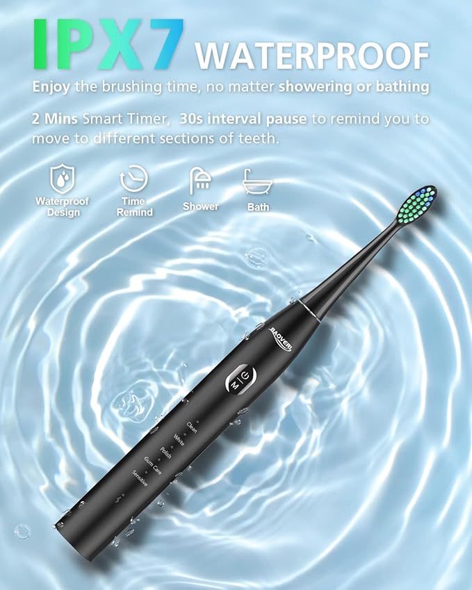 BAOVERI Electric Toothbrush for Adults & Kids,Rechargeable Ultrasonic Electric Toothbrush with 6 Dupont Brush Heads, IPX7 Waterproof, 5 Modes, 2 Minutes Smart Timer, 4 Hours Fast Charge for 60 Days