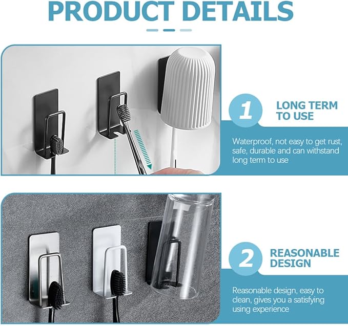 Stainless Toothbrush Rack Wall Adhesive Holder with Cup Black 2pcs Hanging Bathroom Organizer for Electric and Manual Toothbrushes