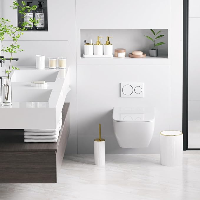 White and Gold Bathroom Accessories Set, 10PC Bathroom Set, Bath Accessory with Pop Up Trash Can, Soap Dispenser, Toilet Brush, Toothbrush Set Qtip Holders & Tray
